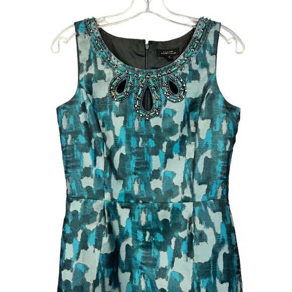 Tahari Women’s Sleeveless Pencil Dress Teal Jacquard Jeweled Neck Size 4 Zip - Picture 2 of 9